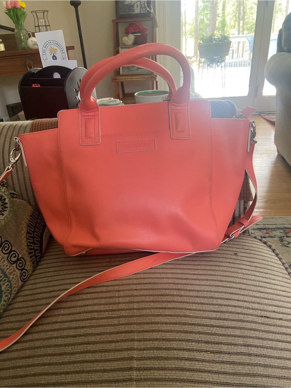 Vera Bradley Coral Pink Leather Tote with Shoulder Strap